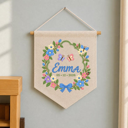 Custom Name Date Embroidered Canvas Banner Decor, Spring Floral Wreath Butterflies Blue Bow Emma Baby Shower Nursery Wall Hanging Sign