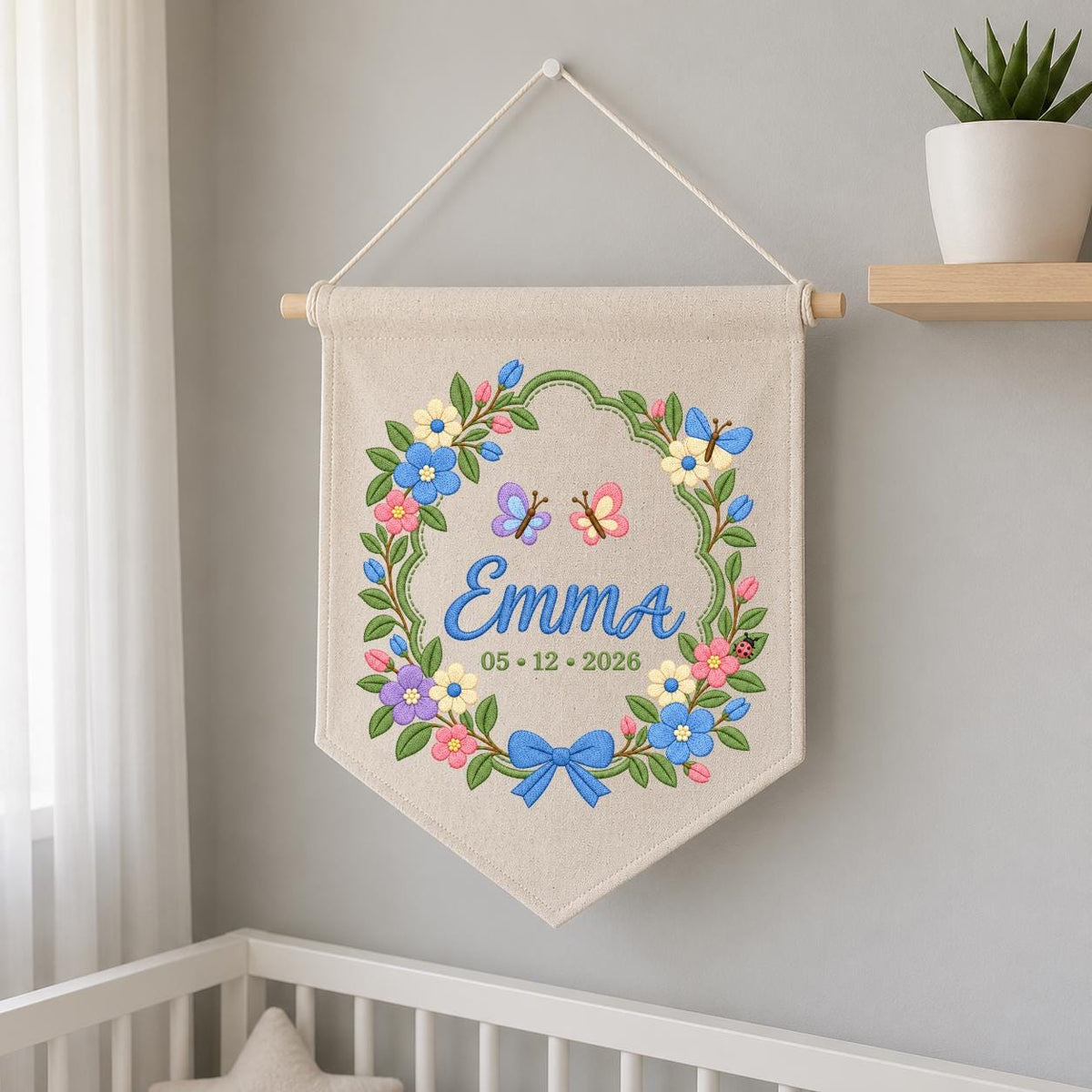Custom Name Date Embroidered Canvas Banner Decor, Spring Floral Wreath Butterflies Blue Bow Emma Baby Shower Nursery Wall Hanging Sign