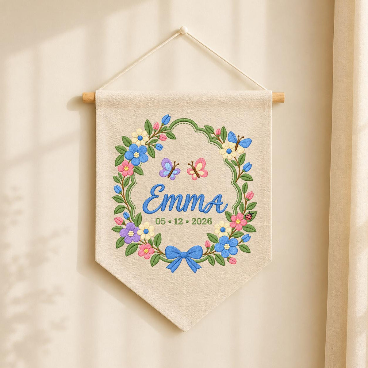 Custom Name Date Embroidered Canvas Banner Decor, Spring Floral Wreath Butterflies Blue Bow Emma Baby Shower Nursery Wall Hanging Sign