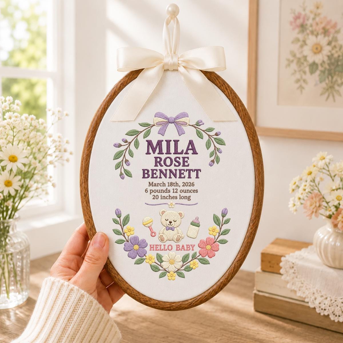 Personalized Baby Stats Oval Hoop Decor, Custom Embroidered Name Date Weight Mila Rose Teddy Bear Hello Baby Shower Keepsake Gift