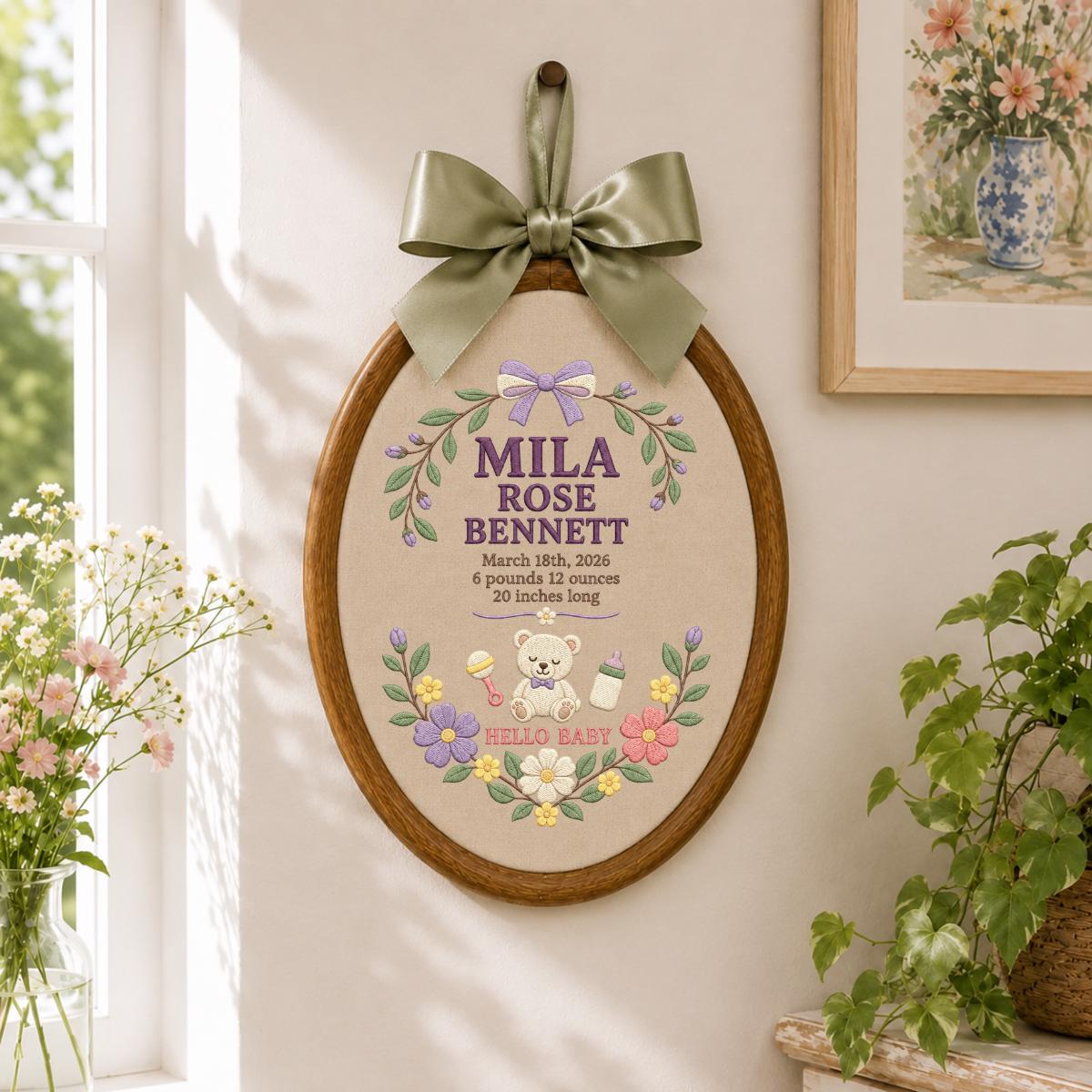 Personalized Baby Stats Oval Hoop Decor, Custom Embroidered Name Date Weight Mila Rose Teddy Bear Hello Baby Shower Keepsake Gift