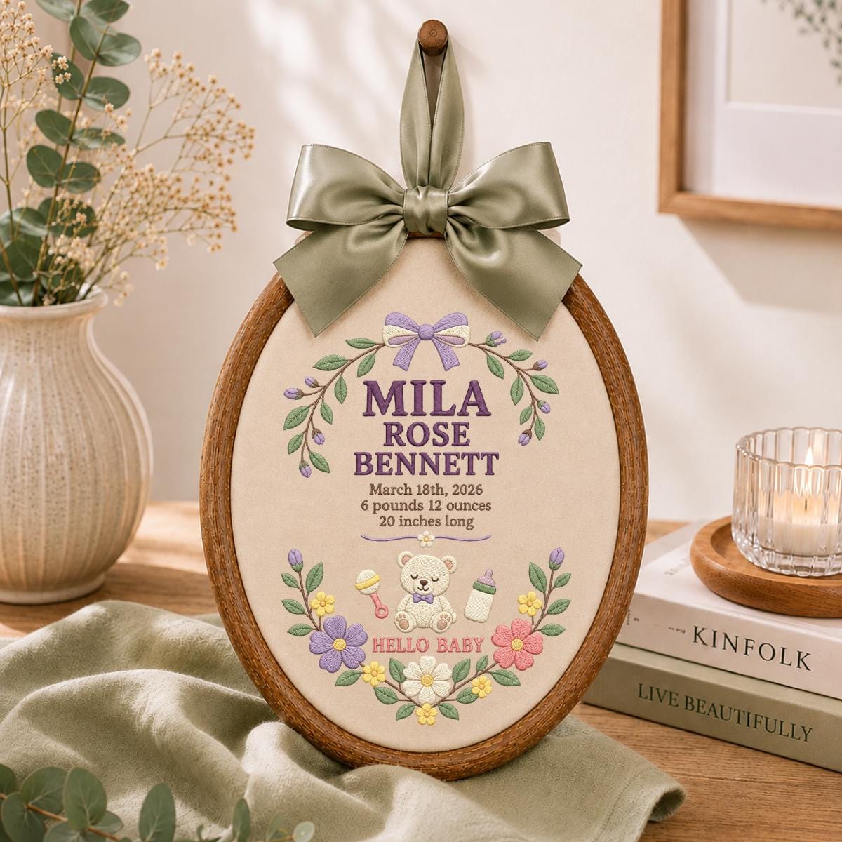 Personalized Baby Stats Oval Hoop Decor, Custom Embroidered Name Date Weight Mila Rose Teddy Bear Hello Baby Shower Keepsake Gift