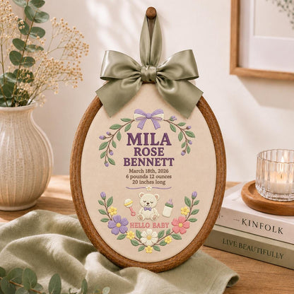 Personalized Baby Stats Oval Hoop Decor, Custom Embroidered Name Date Weight Mila Rose Teddy Bear Hello Baby Shower Keepsake Gift