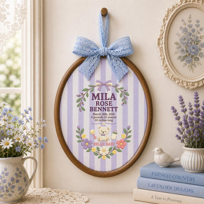 Personalized Baby Stats Oval Hoop Decor, Custom Embroidered Name Date Weight Mila Rose Teddy Bear Hello Baby Shower Keepsake Gift