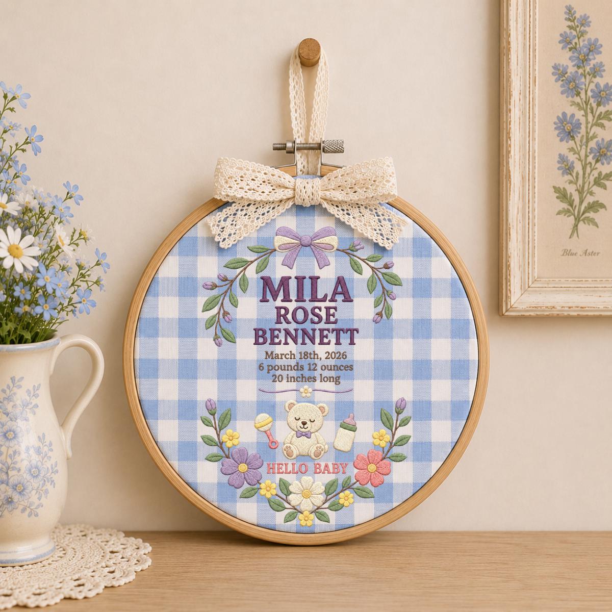 Personalized Baby Stats Oval Hoop Decor, Custom Embroidered Name Date Weight Mila Rose Teddy Bear Hello Baby Shower Keepsake Gift
