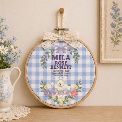 Personalized Baby Stats Oval Hoop Decor, Custom Embroidered Name Date Weight Mila Rose Teddy Bear Hello Baby Shower Keepsake Gift