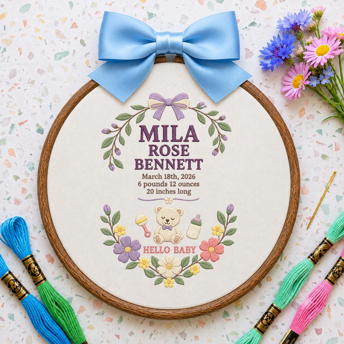 Personalized Baby Stats Oval Hoop Decor, Custom Embroidered Name Date Weight Mila Rose Teddy Bear Hello Baby Shower Keepsake Gift
