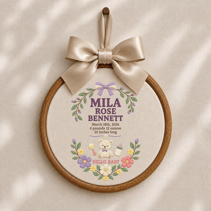 Personalized Baby Stats Oval Hoop Decor, Custom Embroidered Name Date Weight Mila Rose Teddy Bear Hello Baby Shower Keepsake Gift