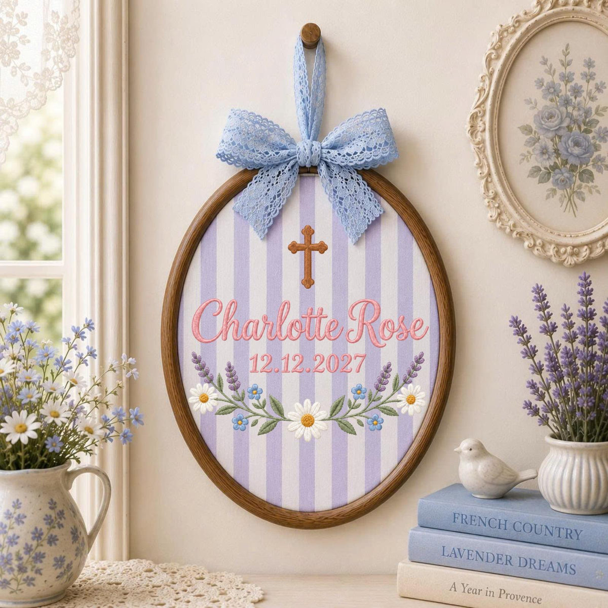 Personalized Baptism Embroidered Ornament, Custom Baby Girl Name Christening Keepsake, Floral Cross Religious Gift, Christian Baby Ornament