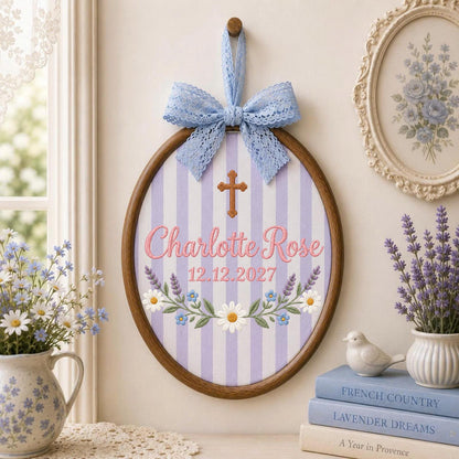 Personalized Baptism Embroidered Ornament, Custom Baby Girl Name Christening Keepsake, Floral Cross Religious Gift, Christian Baby Ornament