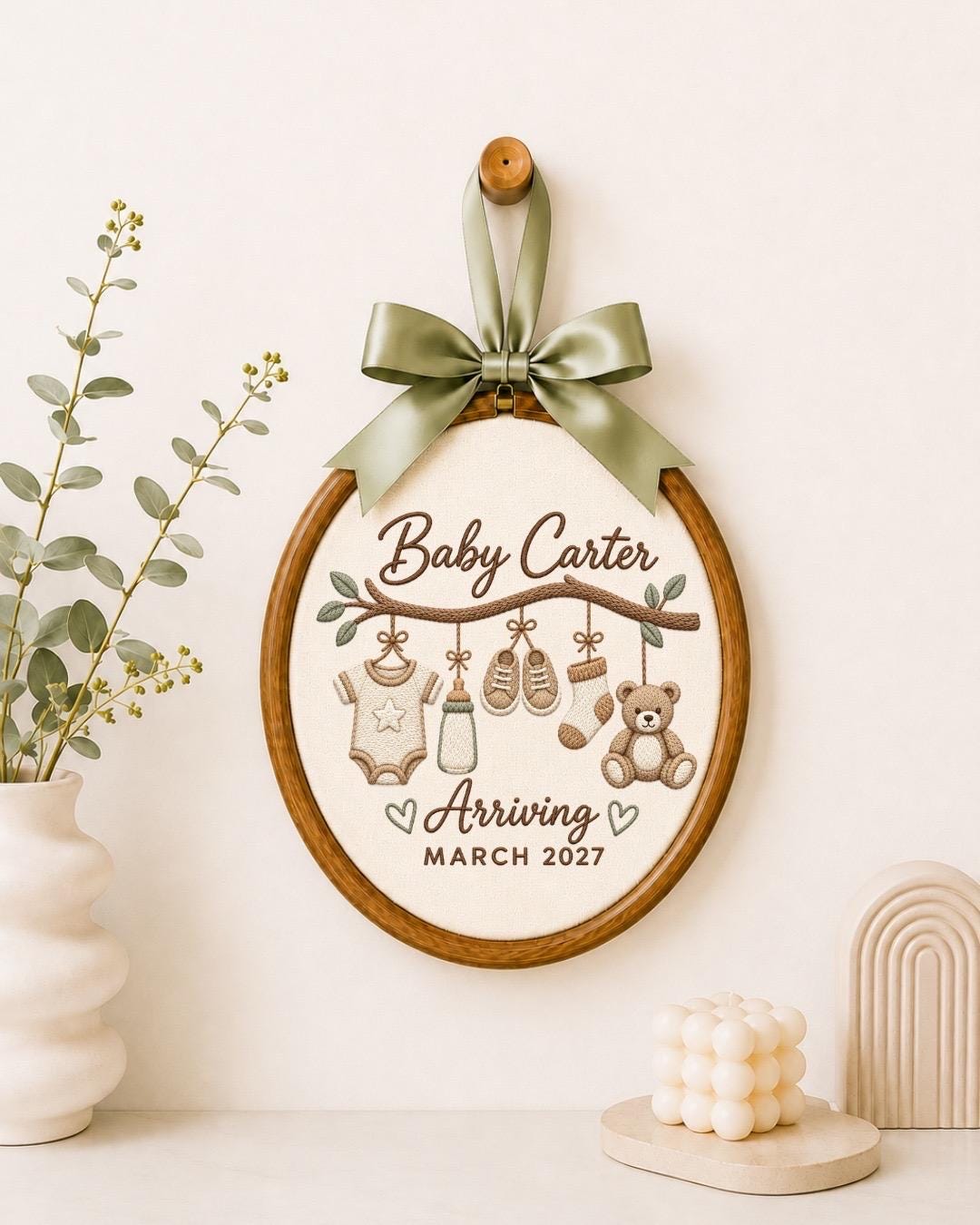 Personalized Pregnancy Announcement Embroidered Ornament, Custom Baby Name Keepsake, Baby Coming 2027 Gift, Expecting Parents Nursery Decor