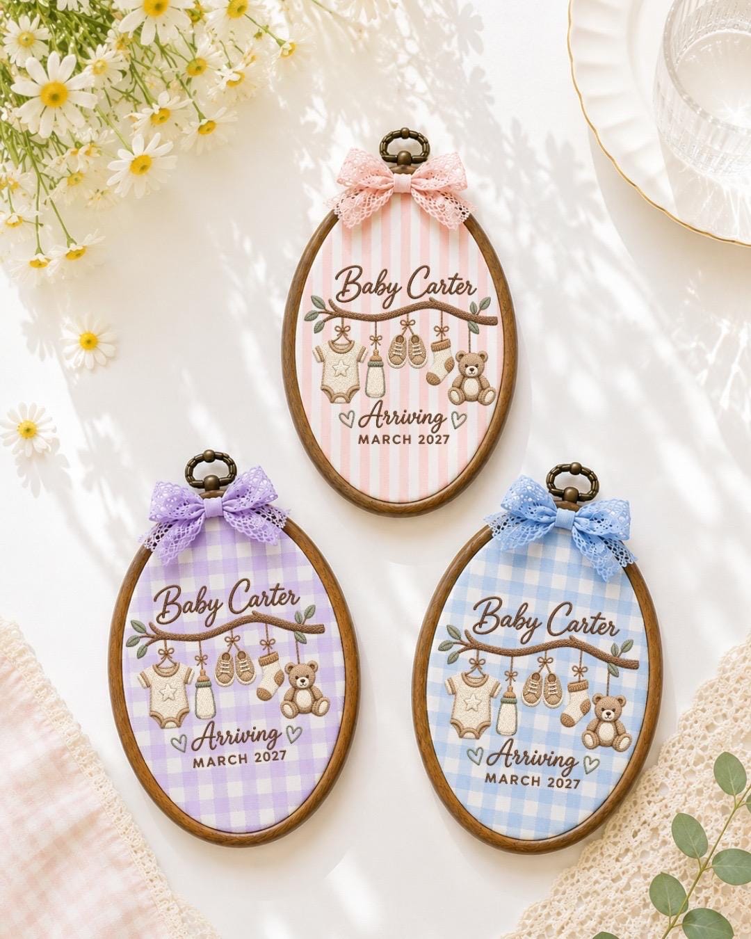 Personalized Pregnancy Announcement Embroidered Ornament, Custom Baby Name Keepsake, Baby Coming 2027 Gift, Expecting Parents Nursery Decor