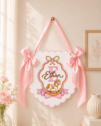 Personalized Embroidered Baby Name Banner, Rocking Horse Nursery Wall Decor, Tennis Baby Monogram Sign, Custom Nursery Name Sign, Baby Gift