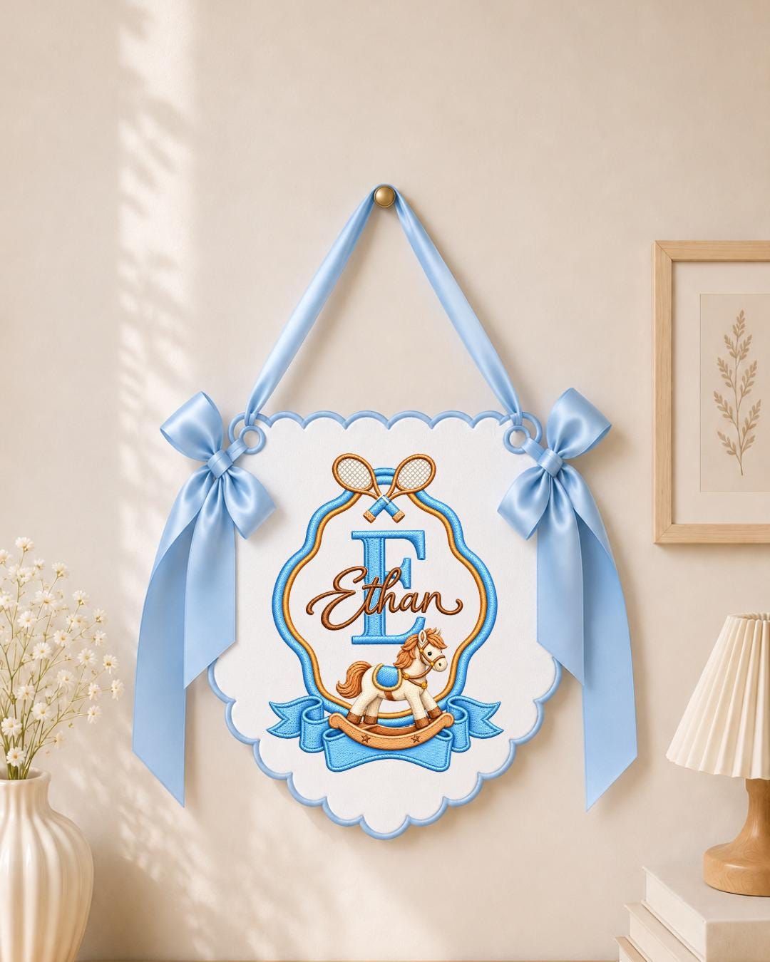 Personalized Embroidered Baby Name Banner, Rocking Horse Nursery Wall Decor, Tennis Baby Monogram Sign, Custom Nursery Name Sign, Baby Gift