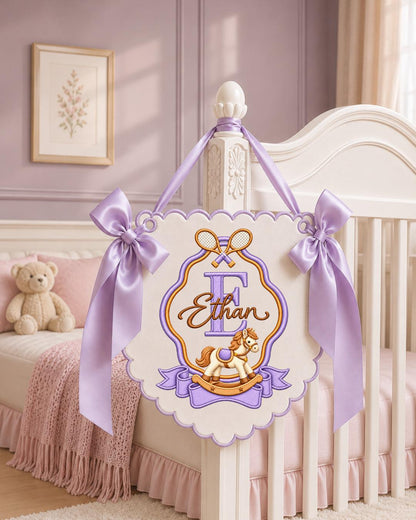 Personalized Embroidered Baby Name Banner, Rocking Horse Nursery Wall Decor, Tennis Baby Monogram Sign, Custom Nursery Name Sign, Baby Gift
