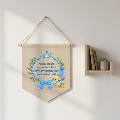 Little Prince Blessing Canvas Pennant Decor, Embroidered Crown Teddy Bear Welcome Little One Blue Bow Baby Boy Room Wall Hanging Keepsake