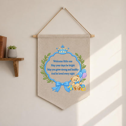 Little Prince Blessing Canvas Pennant Decor, Embroidered Crown Teddy Bear Welcome Little One Blue Bow Baby Boy Room Wall Hanging Keepsake