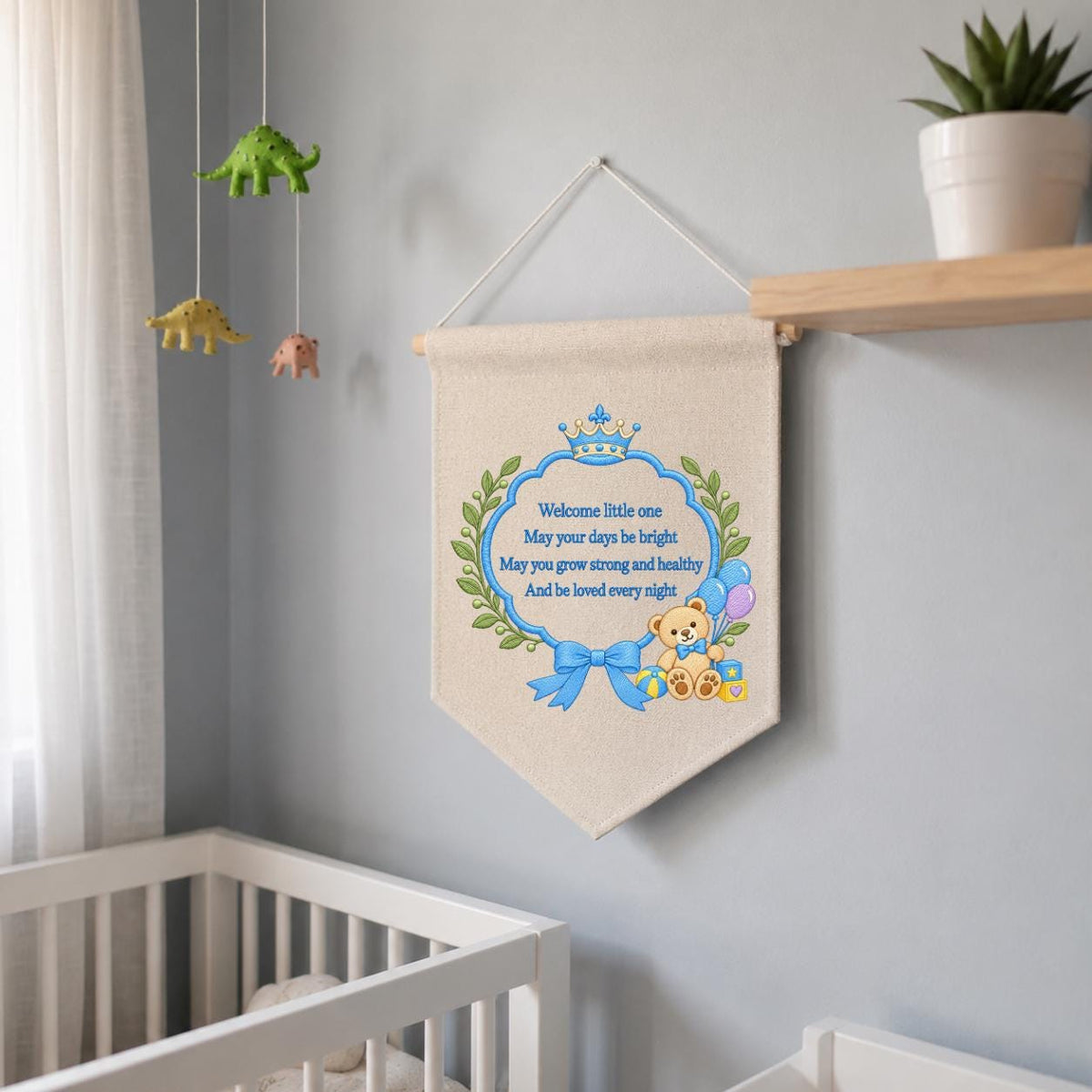 Little Prince Blessing Canvas Pennant Decor, Embroidered Crown Teddy Bear Welcome Little One Blue Bow Baby Boy Room Wall Hanging Keepsake