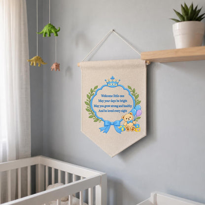 Little Prince Blessing Canvas Pennant Decor, Embroidered Crown Teddy Bear Welcome Little One Blue Bow Baby Boy Room Wall Hanging Keepsake