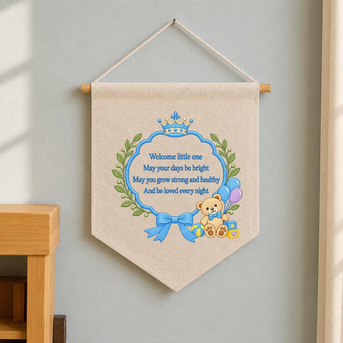 Little Prince Blessing Canvas Pennant Decor, Embroidered Crown Teddy Bear Welcome Little One Blue Bow Baby Boy Room Wall Hanging Keepsake
