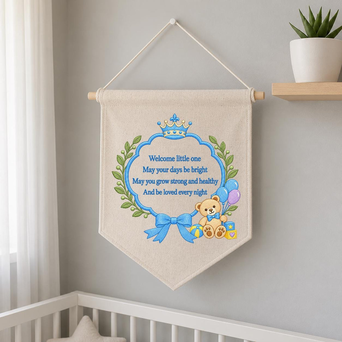 Little Prince Blessing Canvas Pennant Decor, Embroidered Crown Teddy Bear Welcome Little One Blue Bow Baby Boy Room Wall Hanging Keepsake