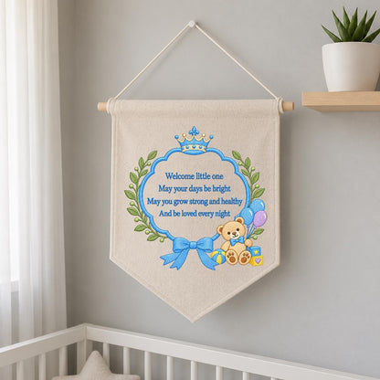 Little Prince Blessing Canvas Pennant Decor, Embroidered Crown Teddy Bear Welcome Little One Blue Bow Baby Boy Room Wall Hanging Keepsake