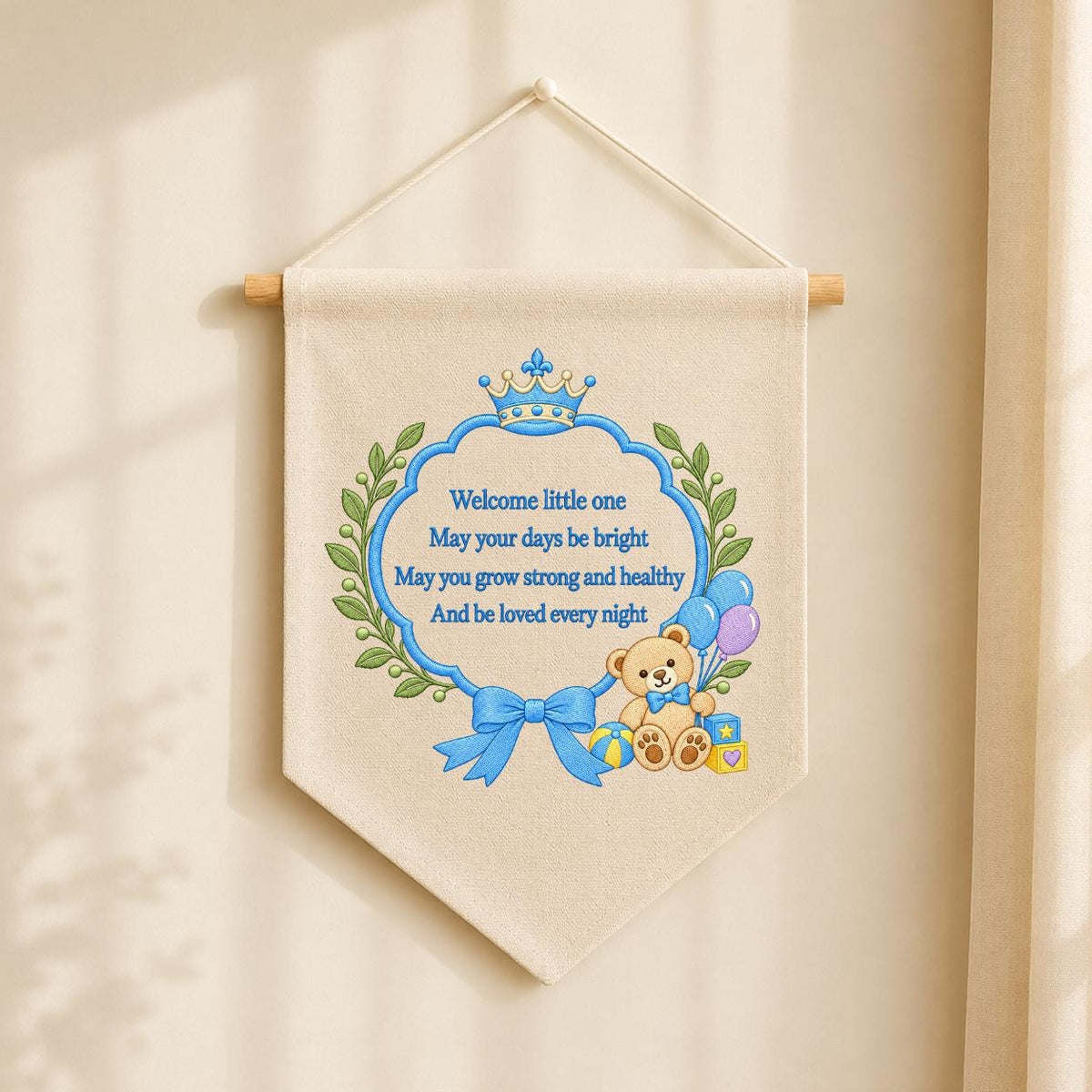 Little Prince Blessing Canvas Pennant Decor, Embroidered Crown Teddy Bear Welcome Little One Blue Bow Baby Boy Room Wall Hanging Keepsake