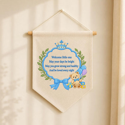 Little Prince Blessing Canvas Pennant Decor, Embroidered Crown Teddy Bear Welcome Little One Blue Bow Baby Boy Room Wall Hanging Keepsake