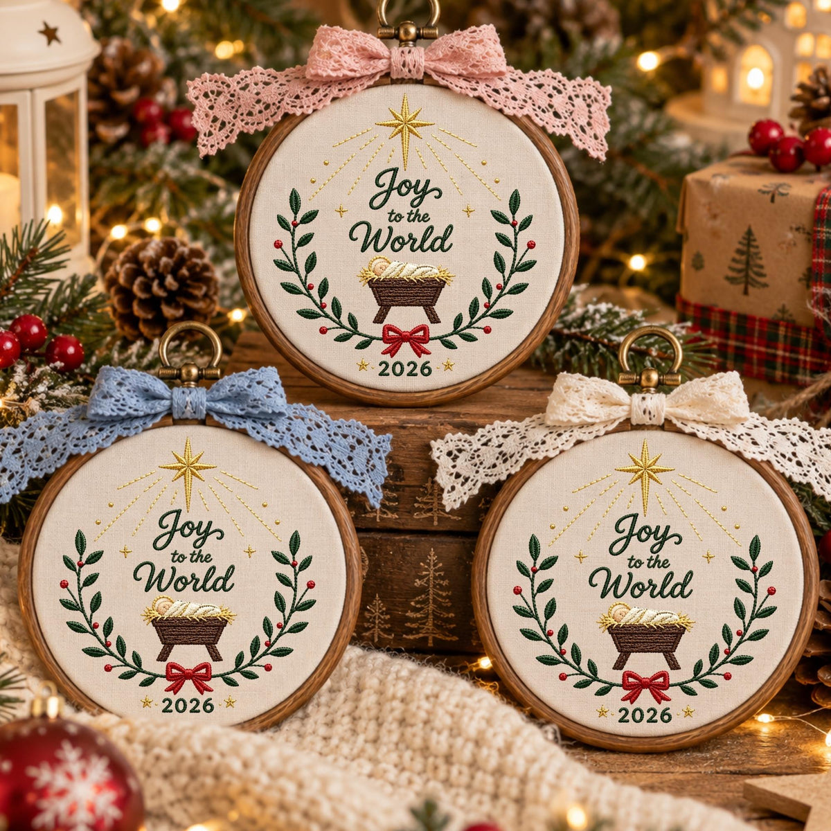 May include: Three circular wooden embroidery hoops featuring white fabric with embroidered designs of a manger, a star, and the text Joy to the World 2026. Each hoop is adorned with a decorative lace bow in pink, blue, or cream at the top.