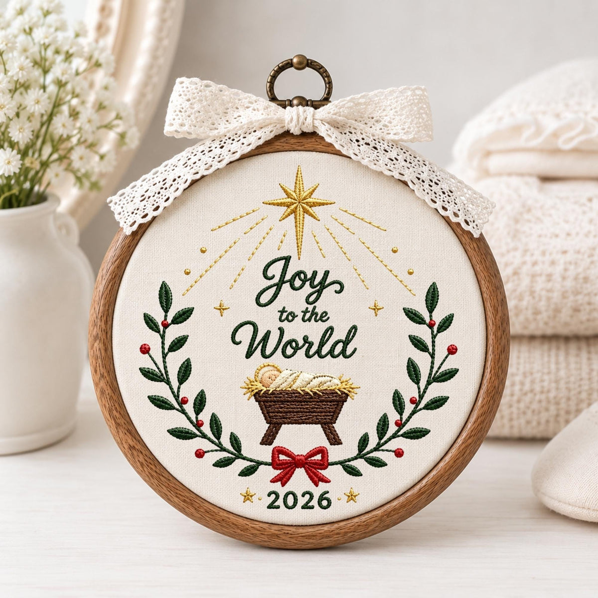 May include: A circular wooden embroidery hoop containing white fabric with the embroidered text Joy to the World and 2026. The design features a gold star, a manger with a figure, green leafy branches with red berries, and a red bow, topped with a white lace bow.