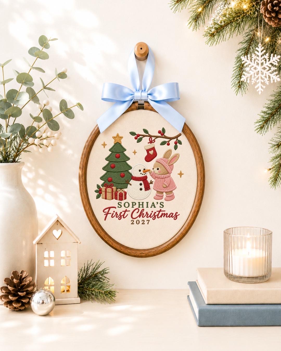 Personalized First Christmas Embroidered Ornament, Baby Girl Christmas Keepsake, Custom Name Bunny Snowman Ornament, 2027 Baby Gift