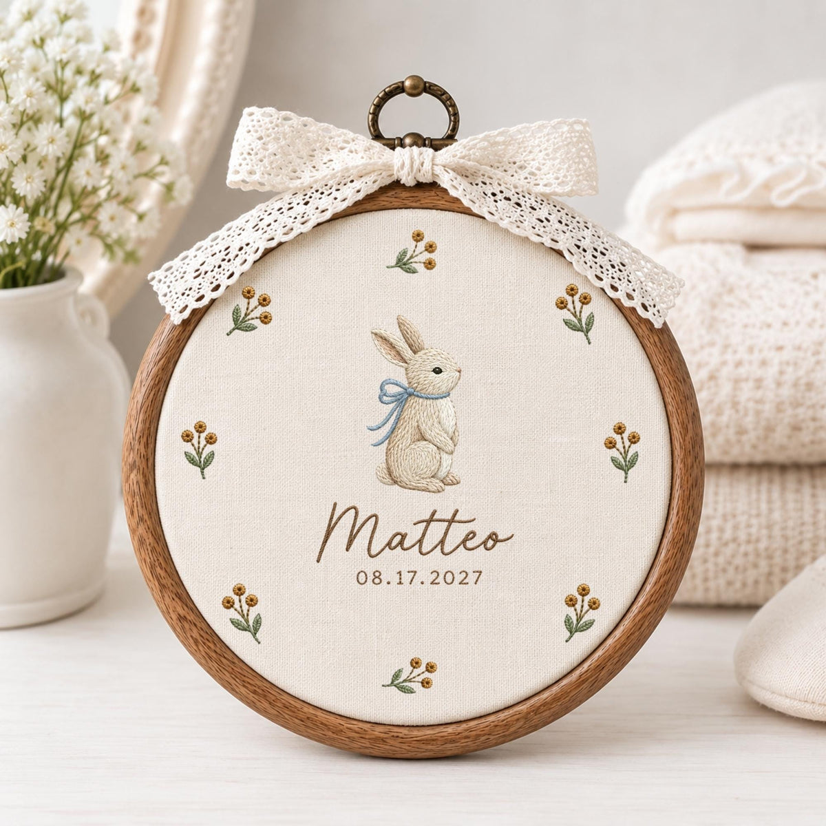 May include: A circular wooden embroidery hoop containing cream-colored fabric with a stitched rabbit wearing a blue ribbon, surrounded by small floral sprigs. The name Matteo and the date 08.17.2027 are printed below. A white lace bow is attached.