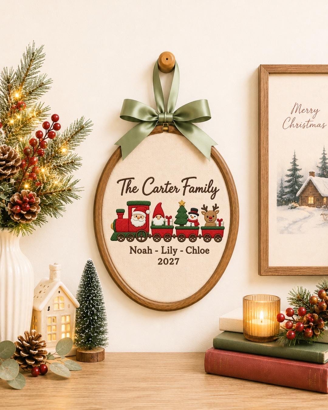 Personalized Family Christmas Embroidered Ornament, Custom Family Name Train Ornament, Christmas Family Keepsake, Holiday Gift