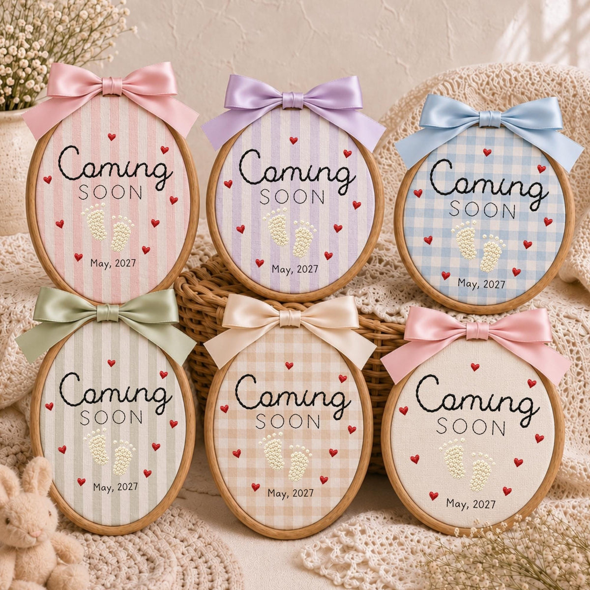 May include: Six oval wooden embroidery hoops featuring fabric with stripes or gingham patterns in pastel colors. Each hoop displays the embroidered text Coming SOON, a pair of baby footprints, small red hearts, and the date May, 2027, topped with a satin bow.