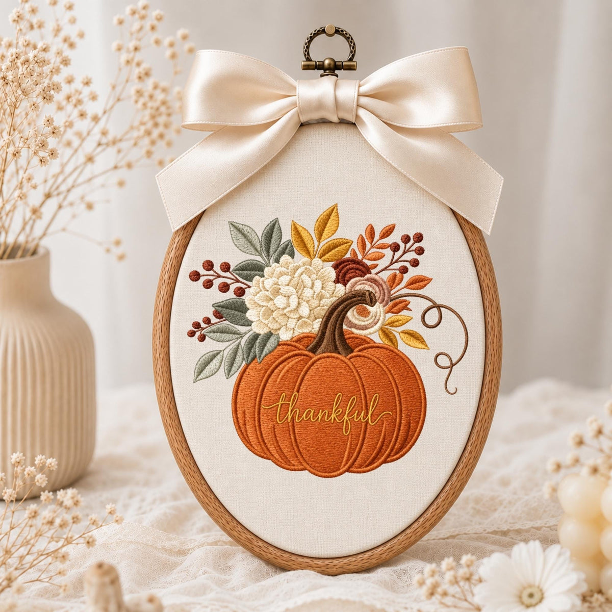 May include: An oval embroidery hoop frame containing cream fabric with a stitched orange pumpkin and floral arrangement. The pumpkin features the word thankful in cursive script. A large, smooth, champagne-colored satin bow is attached to the top.