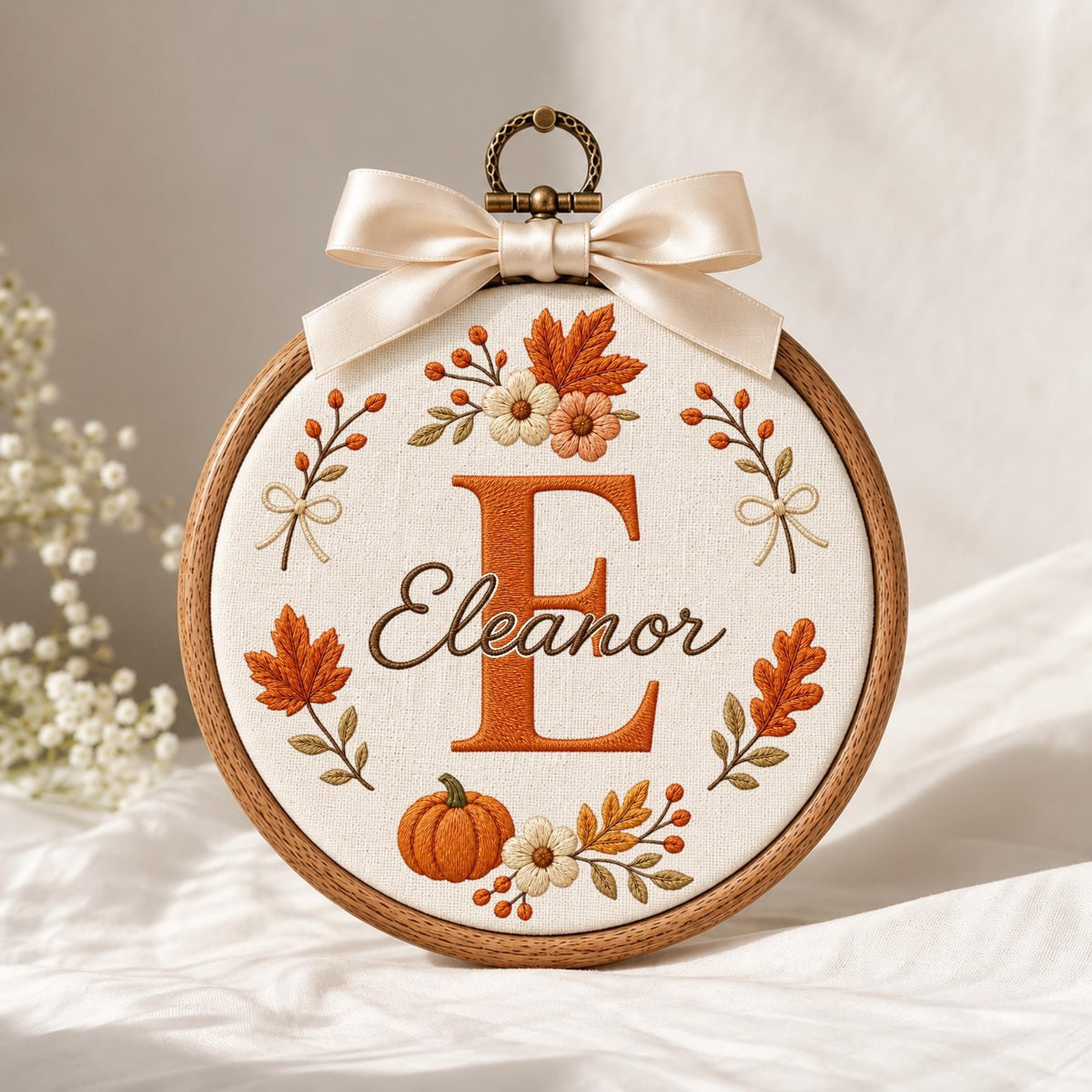 May include: A circular wooden embroidery hoop containing white fabric with an embroidered orange letter E and the name Eleanor in cursive script. The design features autumn leaves, flowers, and a pumpkin, topped with a cream satin ribbon bow.