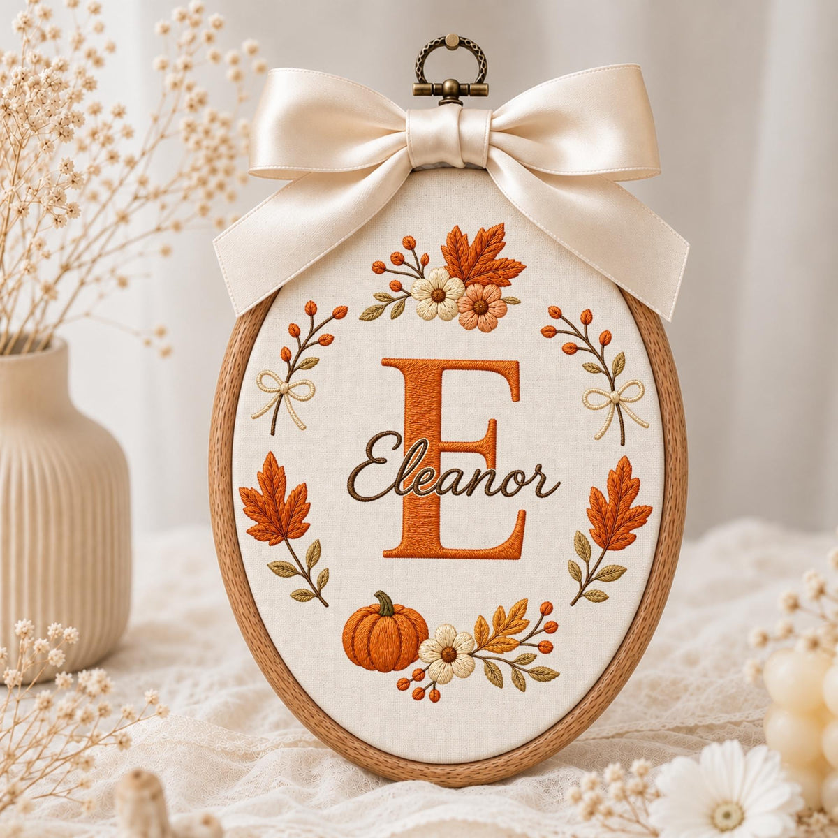 May include: An oval embroidery hoop featuring a cream-colored fabric with a large orange letter E and the name Eleanor embroidered in brown. The design includes autumn leaves, small flowers, and a pumpkin, topped with a large cream satin bow.