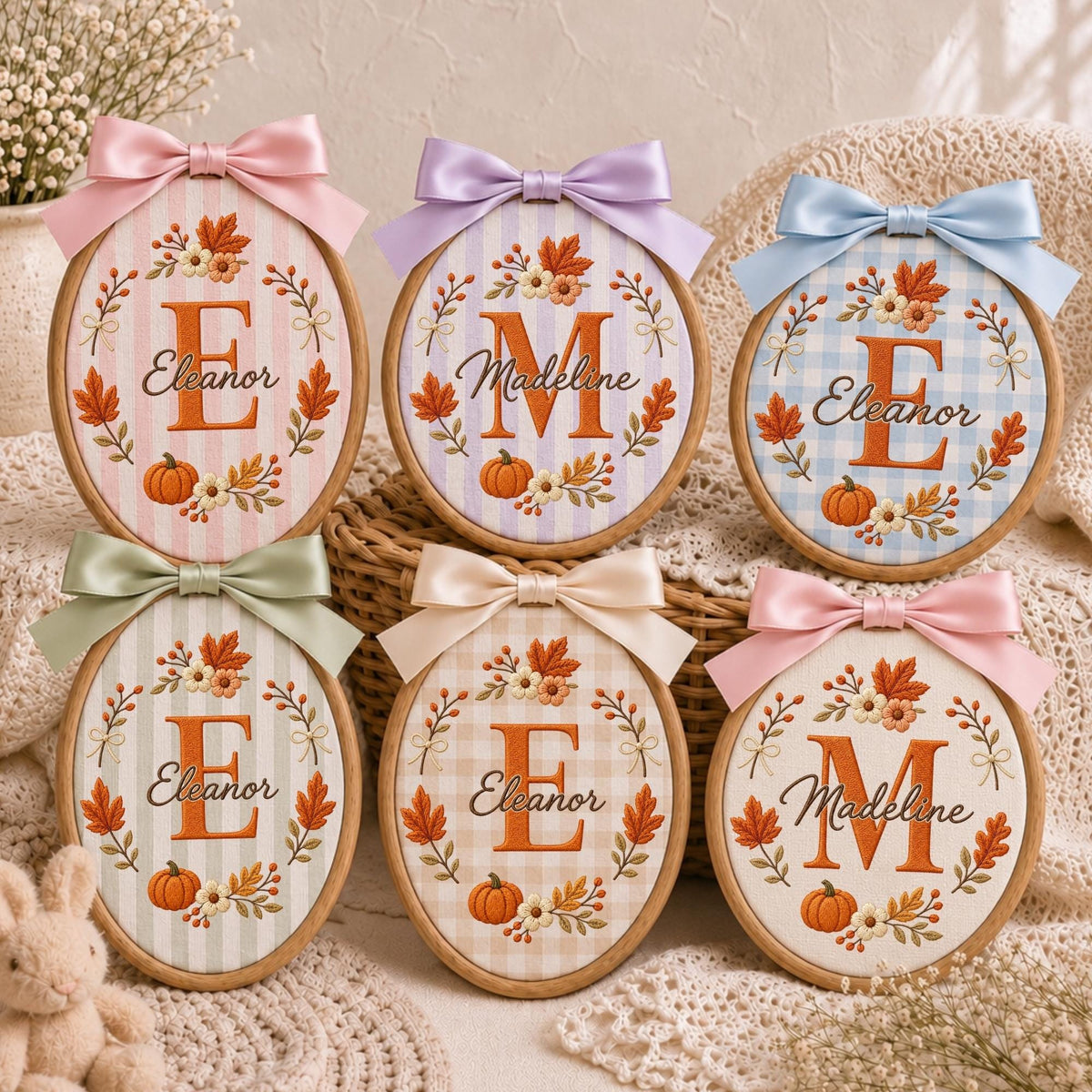 May include: Six oval embroidery hoops featuring fabric backgrounds with stripes or gingham patterns. Each hoop displays a large embroidered orange letter, a name in cursive script, and a wreath of autumn leaves, flowers, and pumpkins, topped with a satin bow.