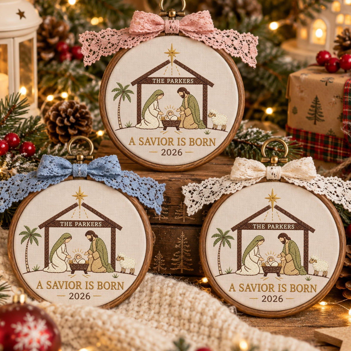 May include: Three circular wooden embroidery hoops featuring a nativity scene with a manger, palm tree, and sheep. The text reads THE PARKERS, A SAVIOR IS BORN, and 2026. Each hoop is topped with a decorative lace bow in pink, blue, or white.