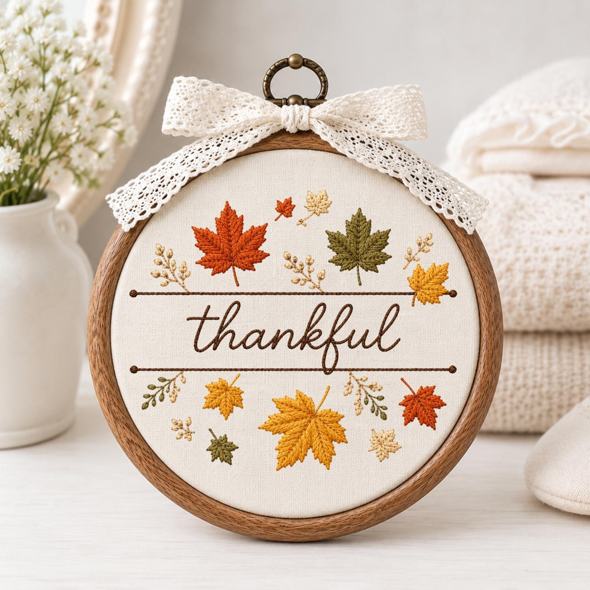 May include: A circular wooden embroidery hoop containing white fabric with the word thankful stitched in brown cursive. The design features embroidered autumn leaves in shades of orange, yellow, and green, accented by a white lace bow at the top.
