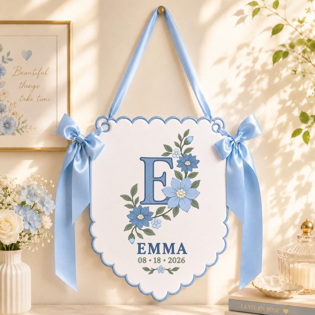 Personalized Baby Name Banner, Purple E Monogram with Floral Embroidery, Emma Scalloped Nursery Wall Hanging, Lavender Bow Keepsake Gift