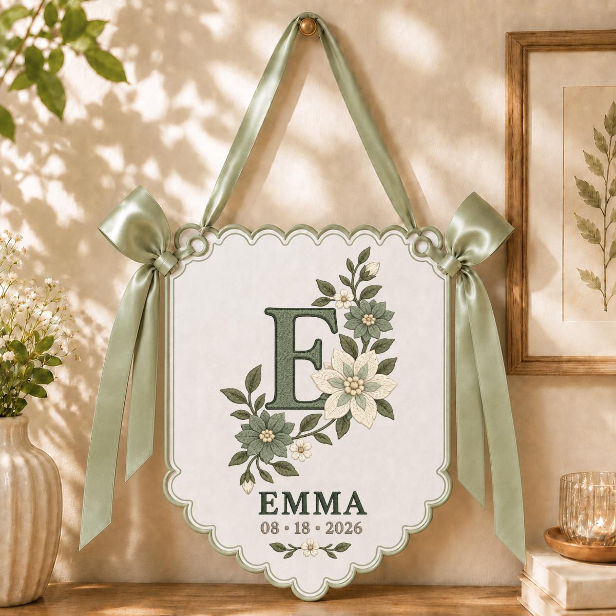 Personalized Baby Name Banner, Purple E Monogram with Floral Embroidery, Emma Scalloped Nursery Wall Hanging, Lavender Bow Keepsake Gift