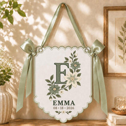 Personalized Baby Name Banner, Purple E Monogram with Floral Embroidery, Emma Scalloped Nursery Wall Hanging, Lavender Bow Keepsake Gift