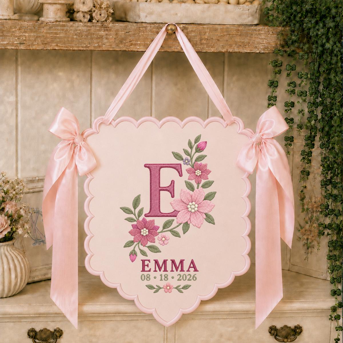 Personalized Baby Name Banner, Purple E Monogram with Floral Embroidery, Emma Scalloped Nursery Wall Hanging, Lavender Bow Keepsake Gift