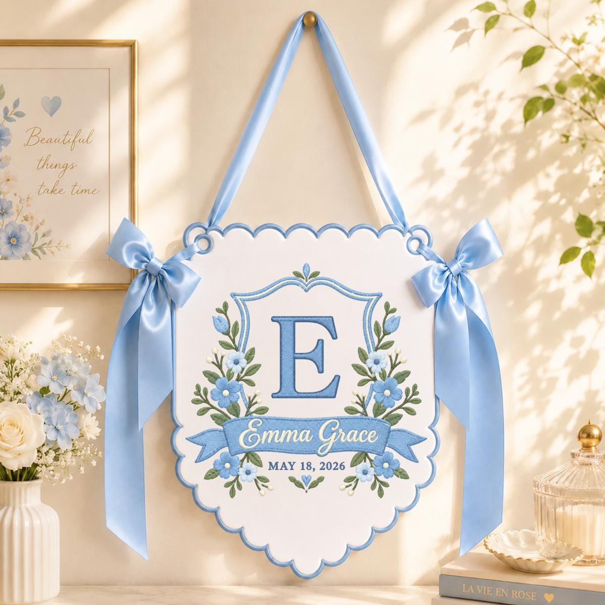 Personalized Baby Girl Bow Banner, Ivory Floral E Monogram with Emma Grace Name, Sage Green Scalloped Nursery Wall Hanging Gift Decor
