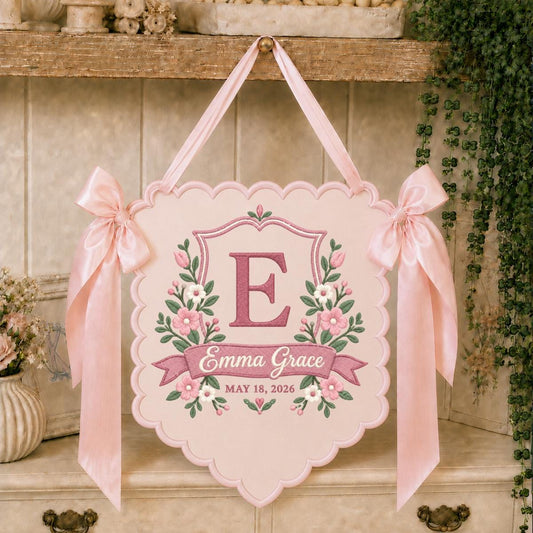 Personalized Baby Girl Bow Banner, Ivory Floral E Monogram with Emma Grace Name, Sage Green Scalloped Nursery Wall Hanging Gift Decor