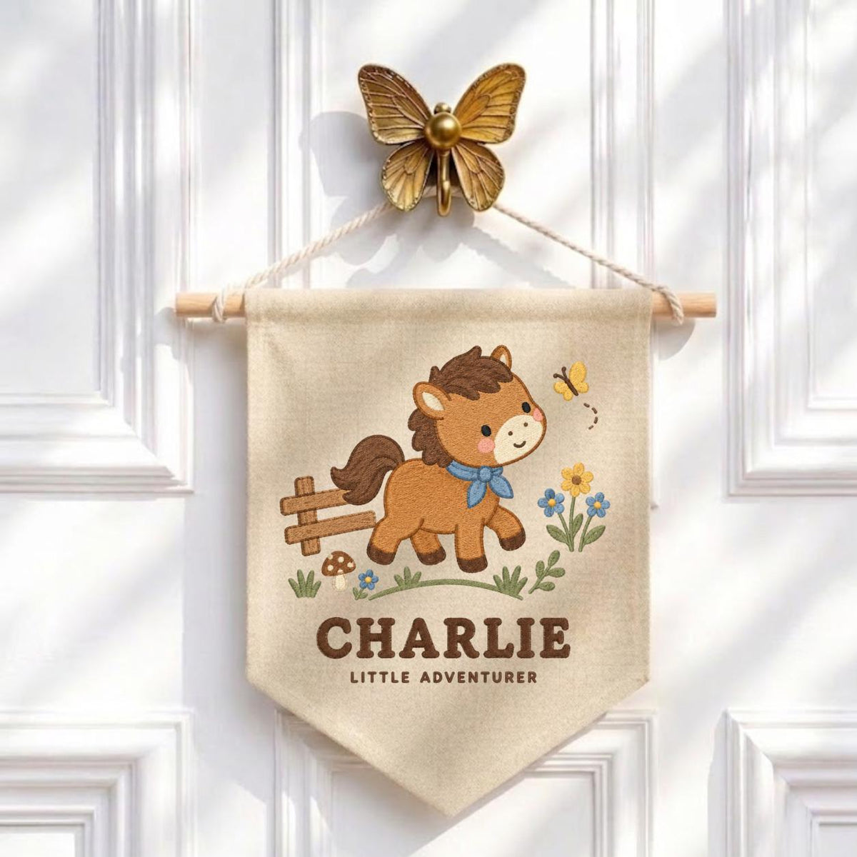 Personalized Charlie Horse Banner, Cute Little Adventurer Embroidered Nursery Wall Hanging, Farmhouse Baby Boy Room Decor, Equestrian Gift