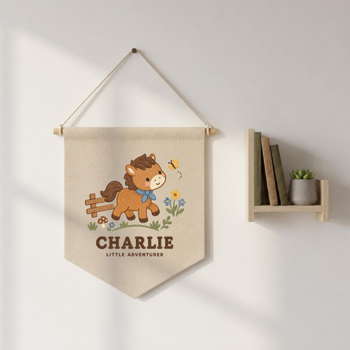 Personalized Charlie Horse Banner, Cute Little Adventurer Embroidered Nursery Wall Hanging, Farmhouse Baby Boy Room Decor, Equestrian Gift