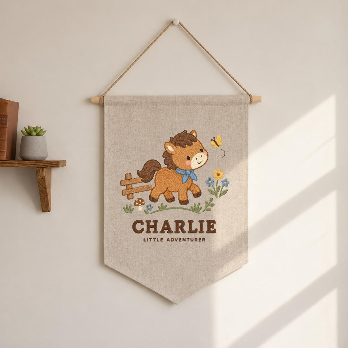 Personalized Charlie Horse Banner, Cute Little Adventurer Embroidered Nursery Wall Hanging, Farmhouse Baby Boy Room Decor, Equestrian Gift