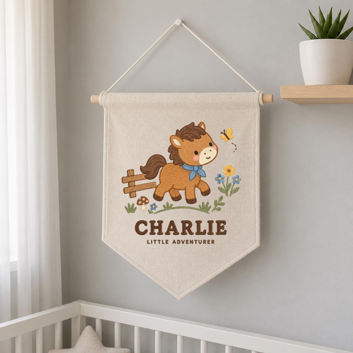 Personalized Charlie Horse Banner, Cute Little Adventurer Embroidered Nursery Wall Hanging, Farmhouse Baby Boy Room Decor, Equestrian Gift